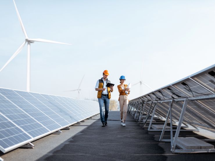 Business professionals standing next to solar panels 